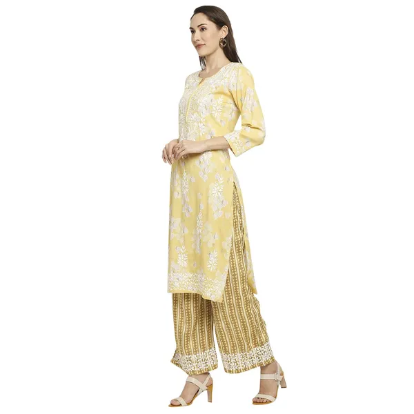 Sunshine_Yellow_Lucknowi_Chikankari_Hand_Embroidered_Long_Kurti_Palazzo_Set_Rayon_Slub