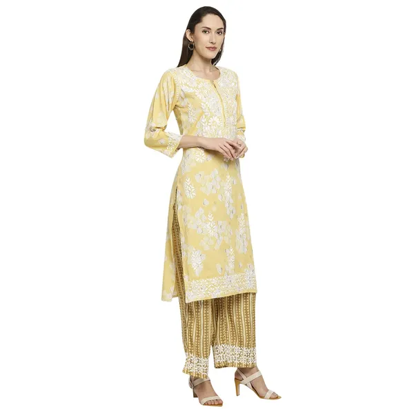 Sunshine_Yellow_Lucknowi_Chikankari_Hand_Embroidered_Long_Kurti_Palazzo_Set_Rayon_Slub