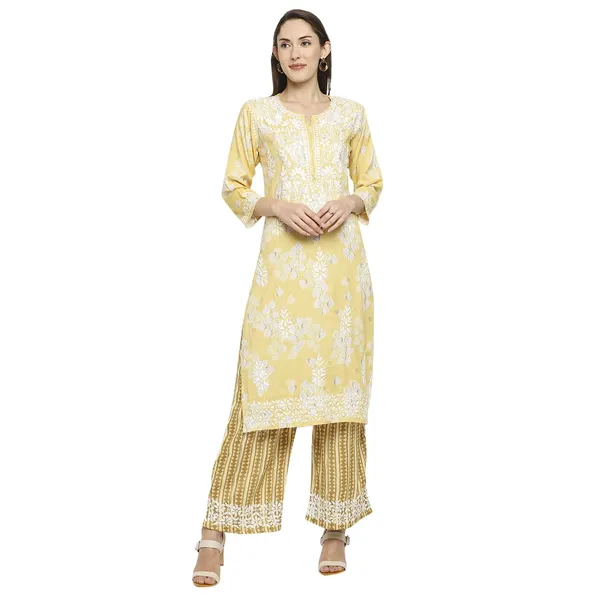 Sunshine_Yellow_Lucknowi_Chikankari_Hand_Embroidered_Long_Kurti_Palazzo_Set_Rayon_Slub