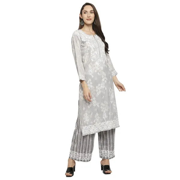 Silver_Lucknowi_Chikankari_Hand_Embroidered_Long_Kurti_Palazzo_Set_Rayon_Slub