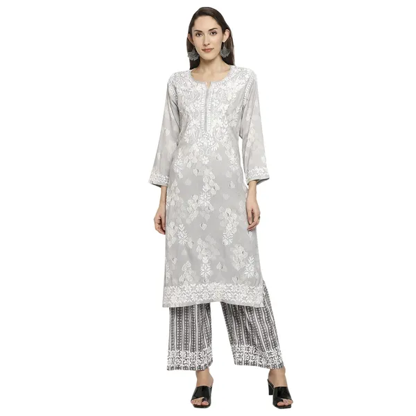 Silver_Lucknowi_Chikankari_Hand_Embroidered_Long_Kurti_Palazzo_Set_Rayon_Slub