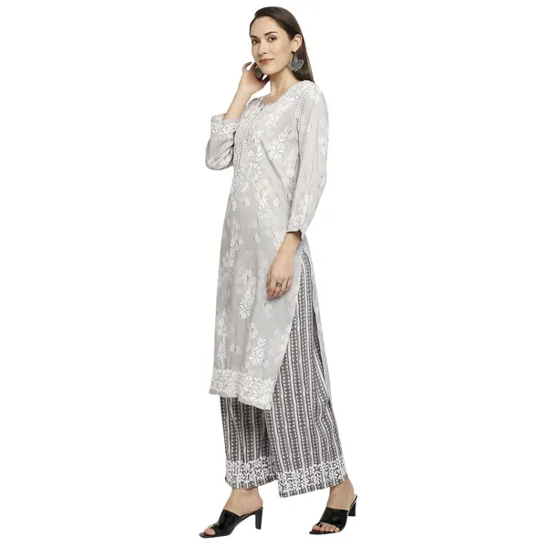Silver_Lucknowi_Chikankari_Hand_Embroidered_Long_Kurti_Palazzo_Set_Rayon_Slub