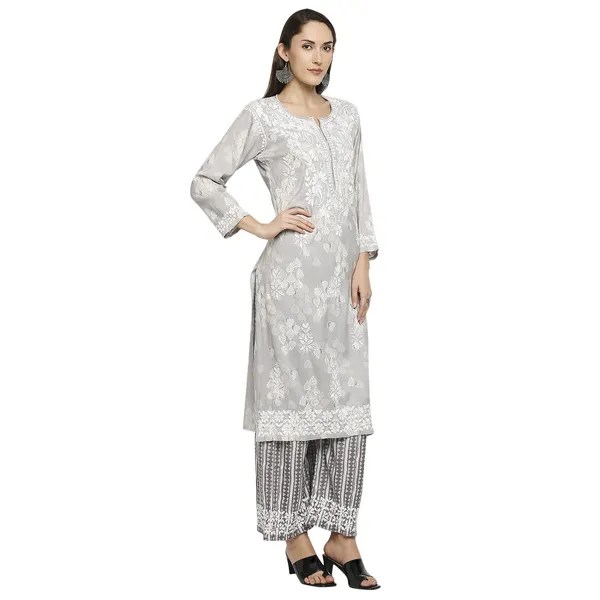 Silver_Lucknowi_Chikankari_Hand_Embroidered_Long_Kurti_Palazzo_Set_Rayon_Slub