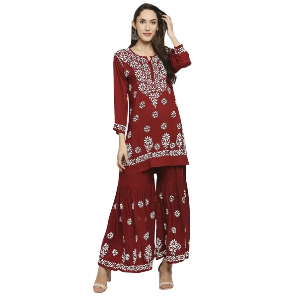 Maroon_Lucknowi_Chikankari_Hand_Embroidered_Kurti_Sharara/Garara_Palazzo_Set_Cotton