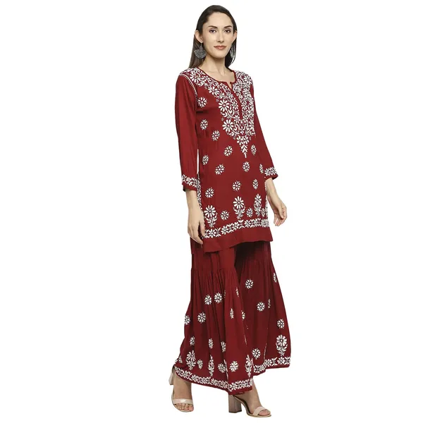 Maroon_Lucknowi_Chikankari_Hand_Embroidered_Kurti_Sharara/Garara_Palazzo_Set_Cotton