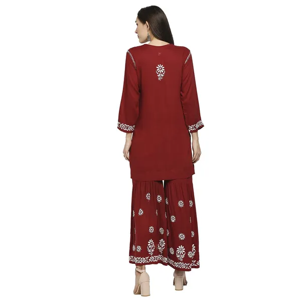 Maroon_Lucknowi_Chikankari_Hand_Embroidered_Kurti_Sharara/Garara_Palazzo_Set_Cotton