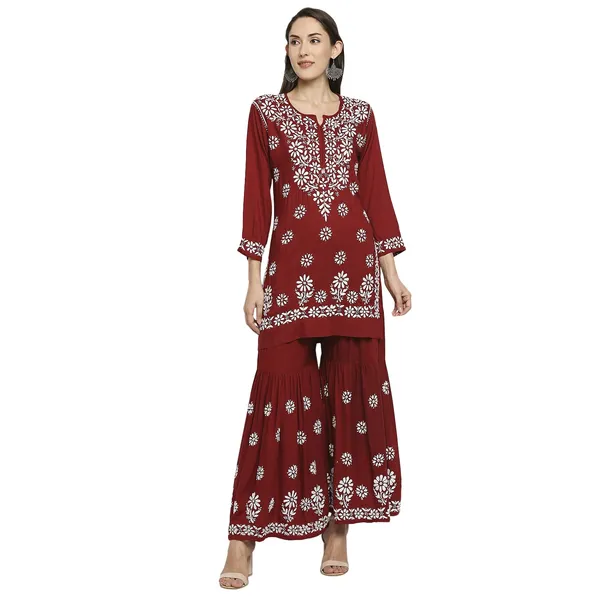 Maroon_Lucknowi_Chikankari_Hand_Embroidered_Kurti_Sharara/Garara_Palazzo_Set_Cotton