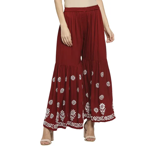 Maroon_Lucknowi_Chikankari_Hand_Embroidered_Kurti_Sharara/Garara_Palazzo_Set_Cotton