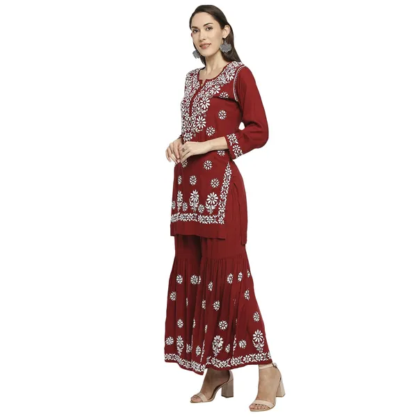 Maroon_Lucknowi_Chikankari_Hand_Embroidered_Kurti_Sharara/Garara_Palazzo_Set_Cotton