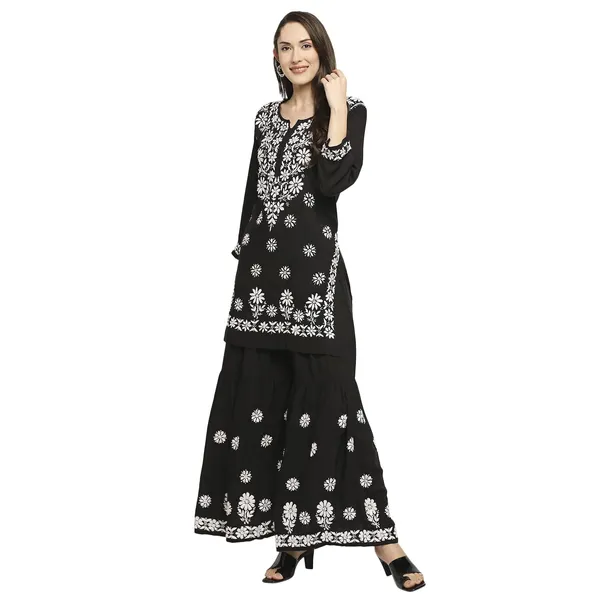 Charismatic_Black_Women_Lucknowi_Chikankari_Hand_Embroidered_Kurti_Sharara/Garara_Palazzo_Set_Cotton