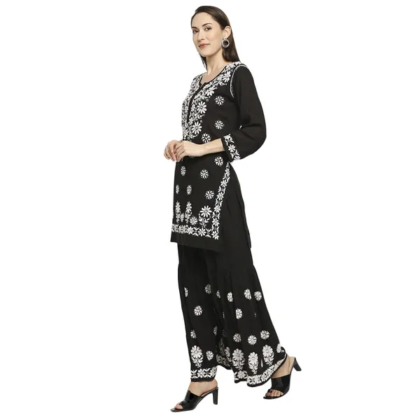 Charismatic_Black_Women_Lucknowi_Chikankari_Hand_Embroidered_Kurti_Sharara/Garara_Palazzo_Set_Cotton