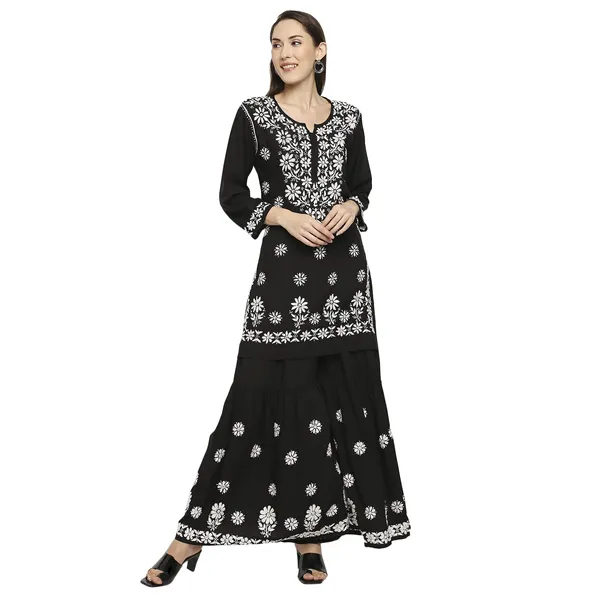 Charismatic_Black_Women_Lucknowi_Chikankari_Hand_Embroidered_Kurti_Sharara/Garara_Palazzo_Set_Cotton