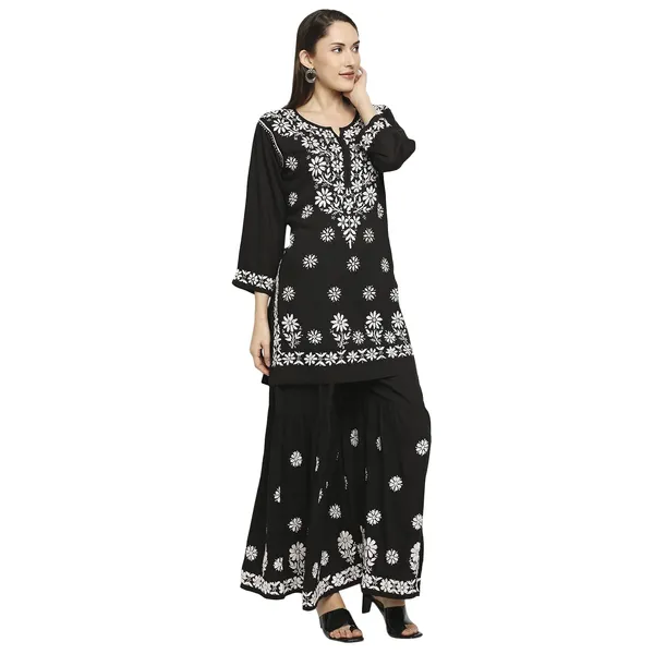 Charismatic_Black_Women_Lucknowi_Chikankari_Hand_Embroidered_Kurti_Sharara/Garara_Palazzo_Set_Cotton