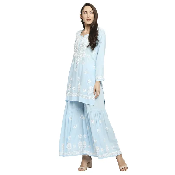 Sky_Blue_Lucknowi_Chikankari_Hand_Embroidered_Kurti_Sharara/Garara_Palazzo_Set_Cotton