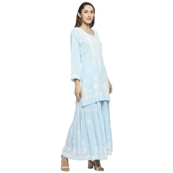 Sky_Blue_Lucknowi_Chikankari_Hand_Embroidered_Kurti_Sharara/Garara_Palazzo_Set_Cotton