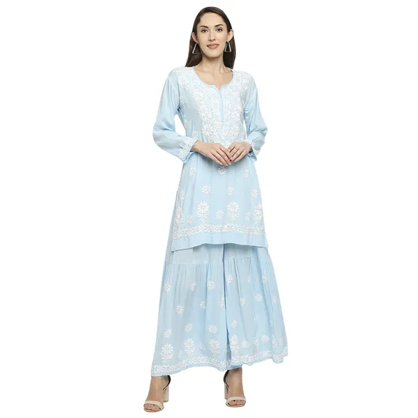 Sky_Blue_Lucknowi_Chikankari_Hand_Embroidered_Kurti_Sharara/Garara_Palazzo_Set_Cotton