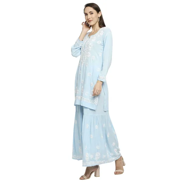 Sky_Blue_Lucknowi_Chikankari_Hand_Embroidered_Kurti_Sharara/Garara_Palazzo_Set_Cotton