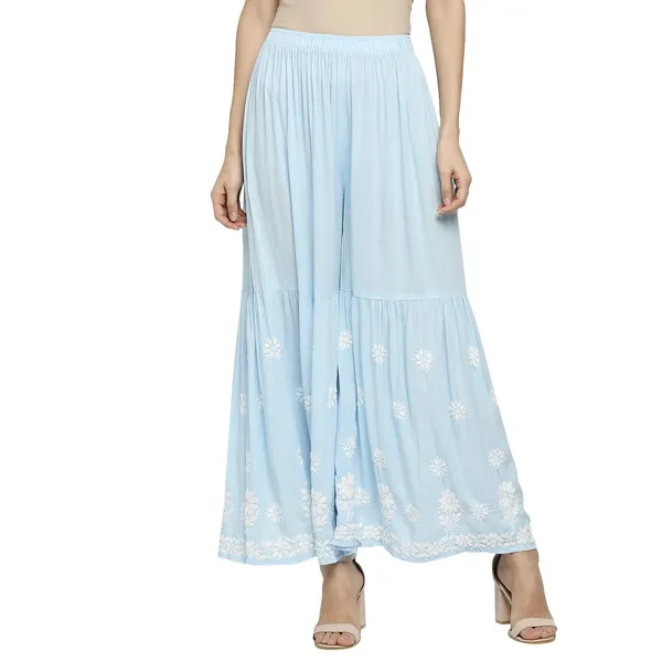 Sky_Blue_Lucknowi_Chikankari_Hand_Embroidered_Kurti_Sharara/Garara_Palazzo_Set_Cotton
