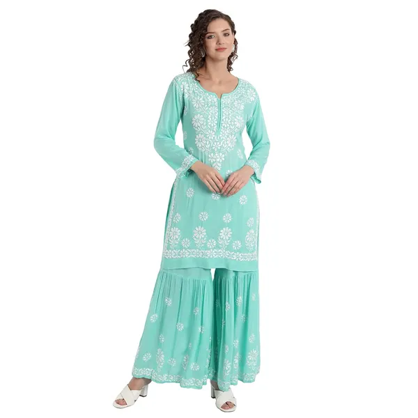 Seagreen_Lucknowi_Chikankari_Hand_Embroidered_Kurti_Sharara/Garara_Palazzo_Set_Cotton