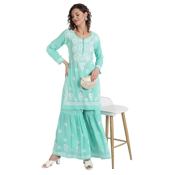 Seagreen_Lucknowi_Chikankari_Hand_Embroidered_Kurti_Sharara/Garara_Palazzo_Set_Cotton