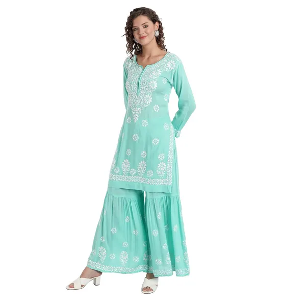 Seagreen_Lucknowi_Chikankari_Hand_Embroidered_Kurti_Sharara/Garara_Palazzo_Set_Cotton