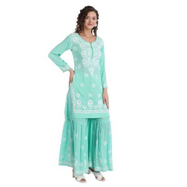 Seagreen_Lucknowi_Chikankari_Hand_Embroidered_Kurti_Sharara/Garara_Palazzo_Set_Cotton