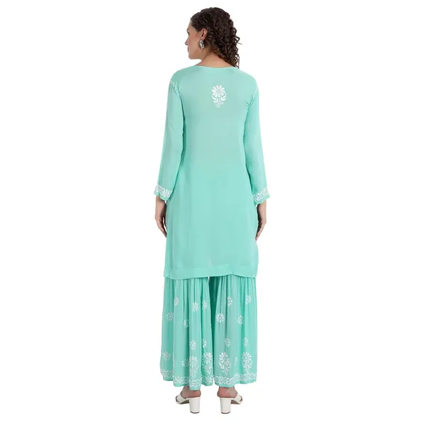 Seagreen_Lucknowi_Chikankari_Hand_Embroidered_Kurti_Sharara/Garara_Palazzo_Set_Cotton