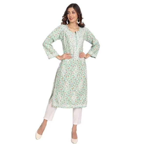 Mint_Green_Lucknow_Chikankari_Hand_Embroidered_Long_Kurti_Rayon_Slub