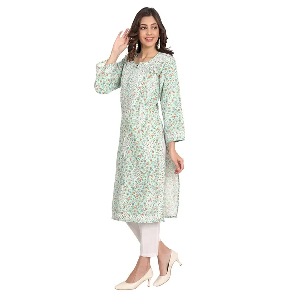 Mint_Green_Lucknow_Chikankari_Hand_Embroidered_Long_Kurti_Rayon_Slub