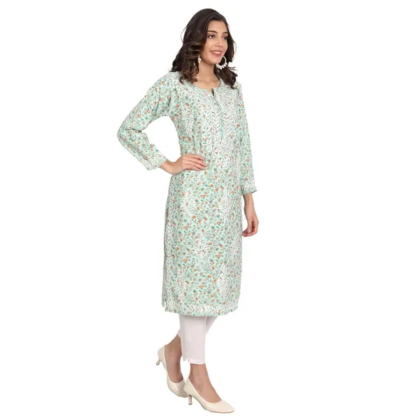 Mint_Green_Lucknow_Chikankari_Hand_Embroidered_Long_Kurti_Rayon_Slub