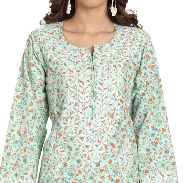 Mint_Green_Lucknow_Chikankari_Hand_Embroidered_Long_Kurti_Rayon_Slub