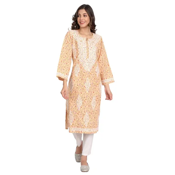 Apricot_Peach_Lucknow_Chikankari_Hand_Embroidered_Long_Kurti_Rayon_Slub