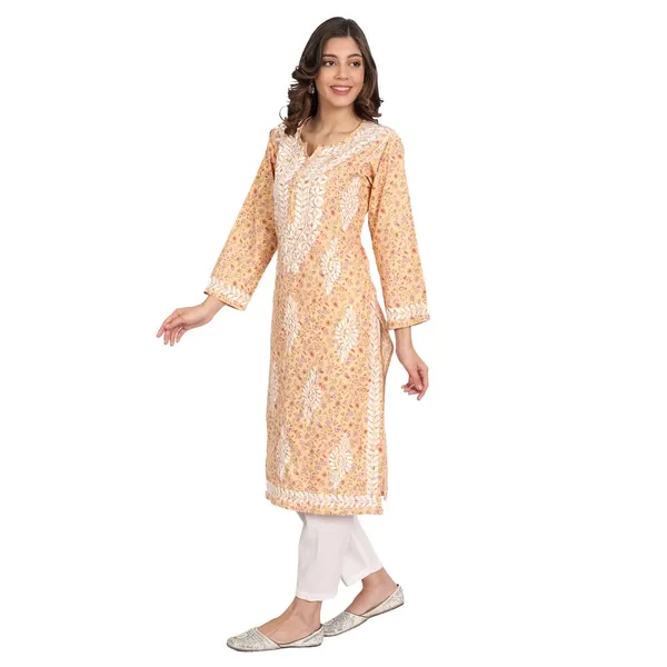 Apricot_Peach_Lucknow_Chikankari_Hand_Embroidered_Long_Kurti_Rayon_Slub