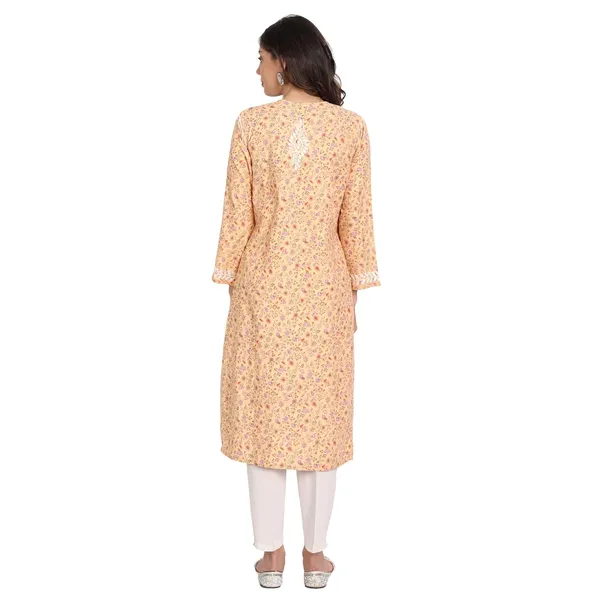 Apricot_Peach_Lucknow_Chikankari_Hand_Embroidered_Long_Kurti_Rayon_Slub