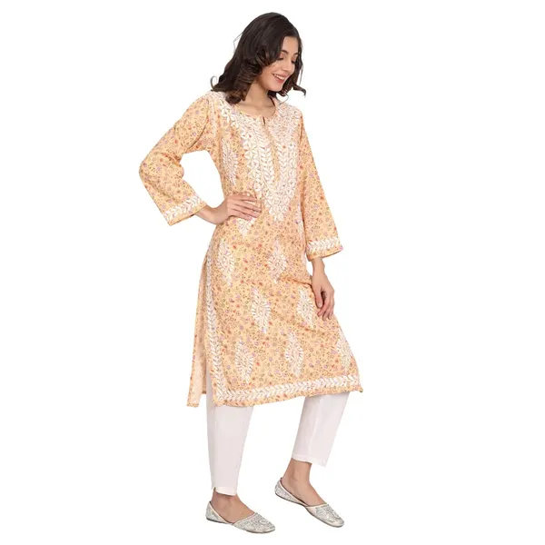 Apricot_Peach_Lucknow_Chikankari_Hand_Embroidered_Long_Kurti_Rayon_Slub