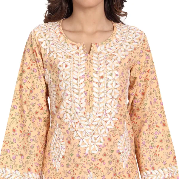 Apricot_Peach_Lucknow_Chikankari_Hand_Embroidered_Long_Kurti_Rayon_Slub