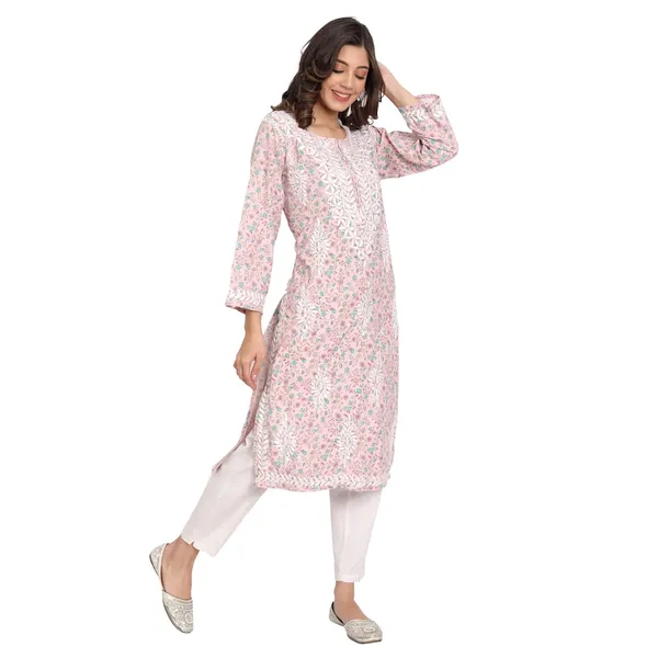 Cotton_Candy_Pink_Lucknow_Chikankari_Hand_Embroidered_Long_Kurti_Rayon_Slub