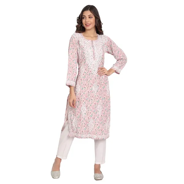 Cotton_Candy_Pink_Lucknow_Chikankari_Hand_Embroidered_Long_Kurti_Rayon_Slub