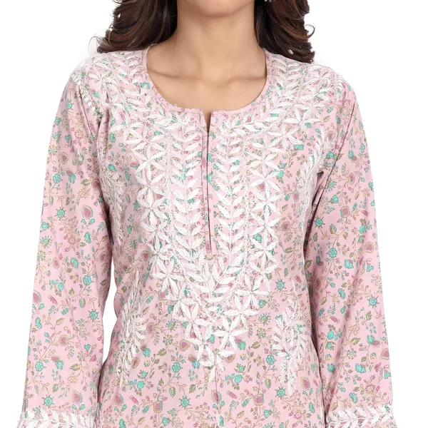Cotton_Candy_Pink_Lucknow_Chikankari_Hand_Embroidered_Long_Kurti_Rayon_Slub