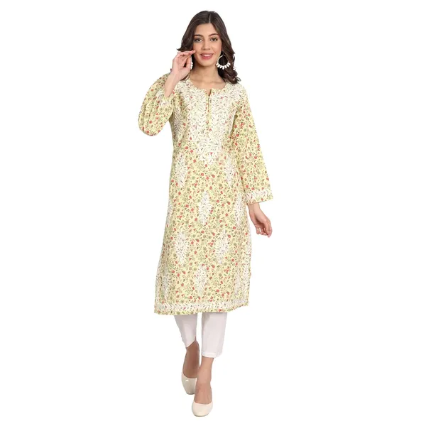 Corn_Yellow_Lucknow_Chikankari_Hand_Embroidered_Long_Kurti_Rayon_Slub