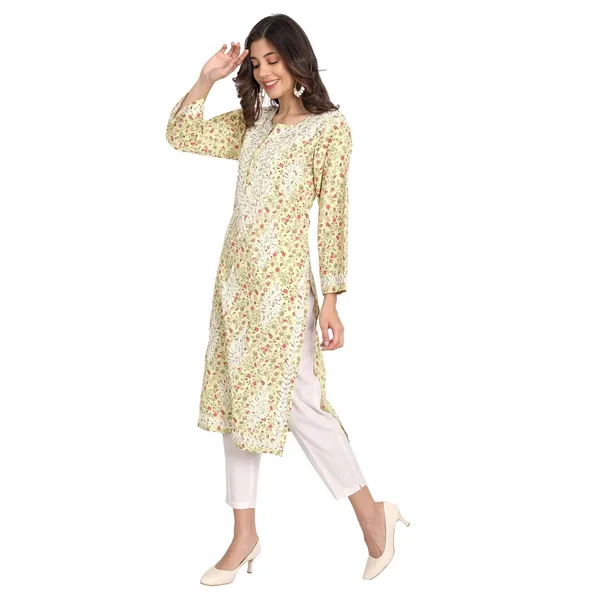 Corn_Yellow_Lucknow_Chikankari_Hand_Embroidered_Long_Kurti_Rayon_Slub