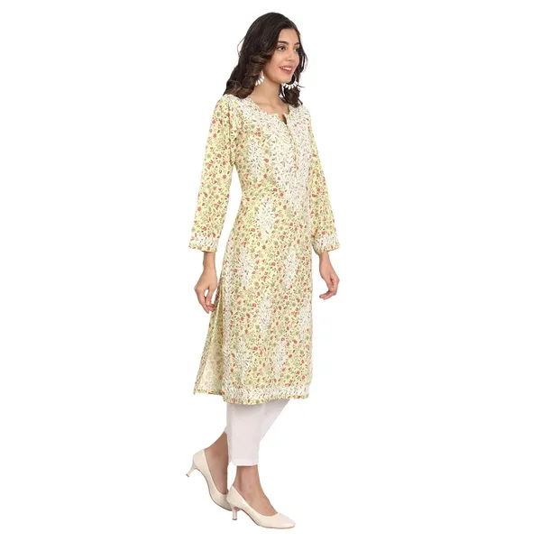Corn_Yellow_Lucknow_Chikankari_Hand_Embroidered_Long_Kurti_Rayon_Slub