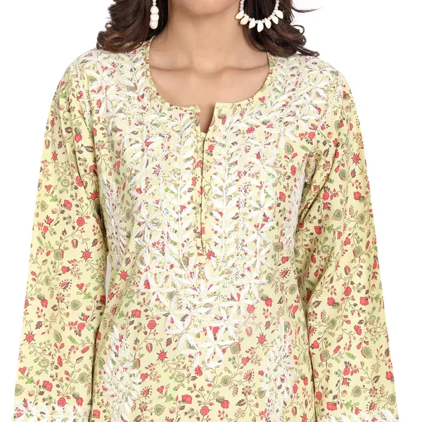 Corn_Yellow_Lucknow_Chikankari_Hand_Embroidered_Long_Kurti_Rayon_Slub