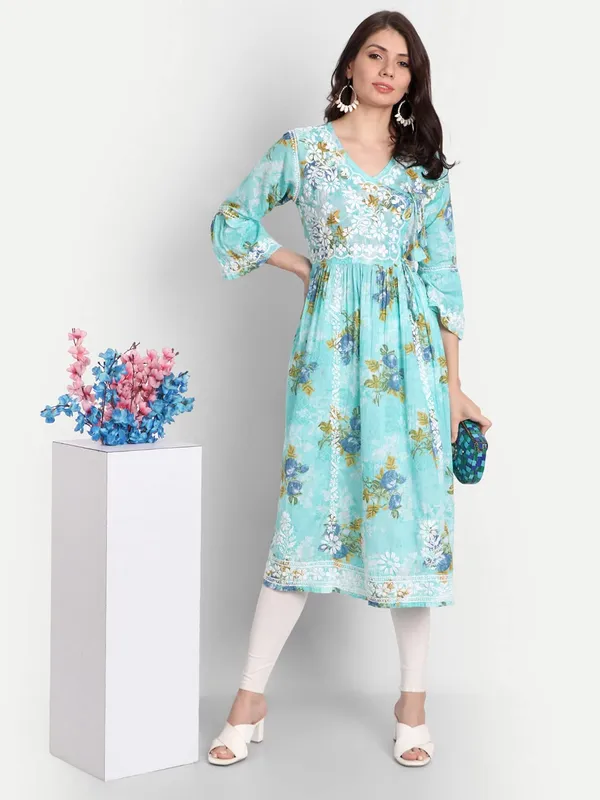 Blue_Lucknow_Chikankari_Hand_Embroidered_Fit_And_Flare_Angrakha_Long_Kurti_Malmal_Cotton