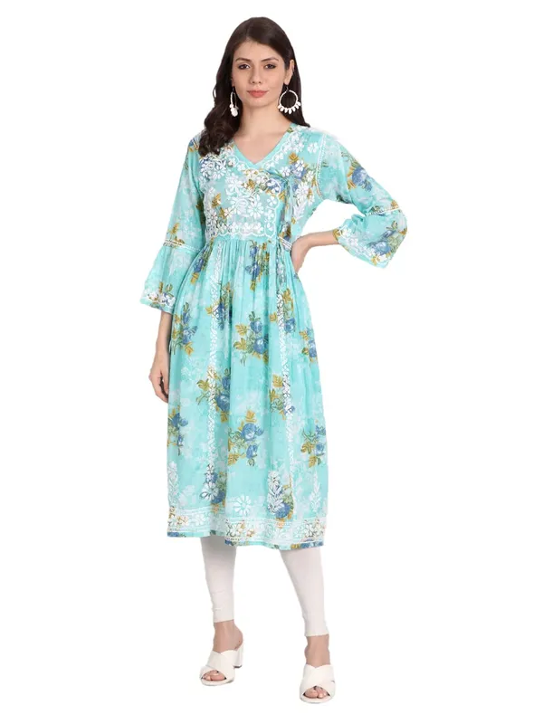 Blue_Lucknow_Chikankari_Hand_Embroidered_Fit_And_Flare_Angrakha_Long_Kurti_Malmal_Cotton