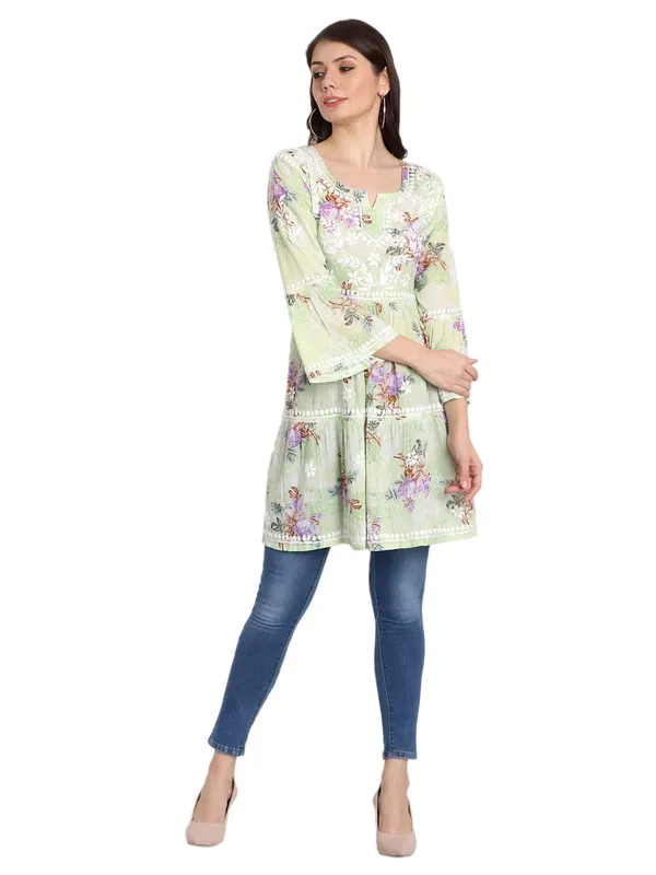 Lime_Green_Lucknow_Chikankari_Hand_Embroidered_Tiered_Kurti_Malmal_Cotton