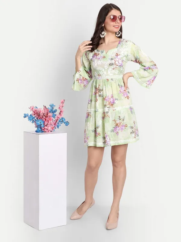 Lime_Green_Lucknow_Chikankari_Hand_Embroidered_Tiered_Kurti_Malmal_Cotton