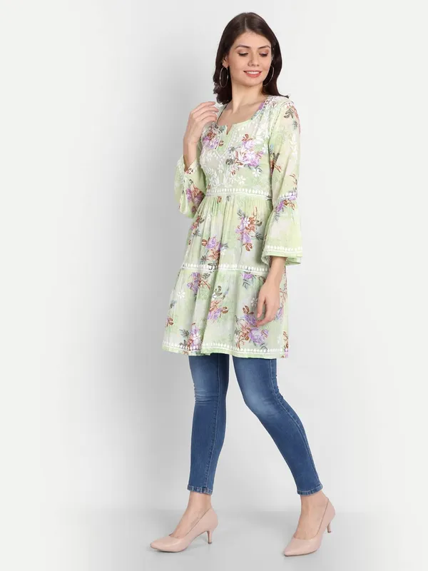 Lime_Green_Lucknow_Chikankari_Hand_Embroidered_Tiered_Kurti_Malmal_Cotton