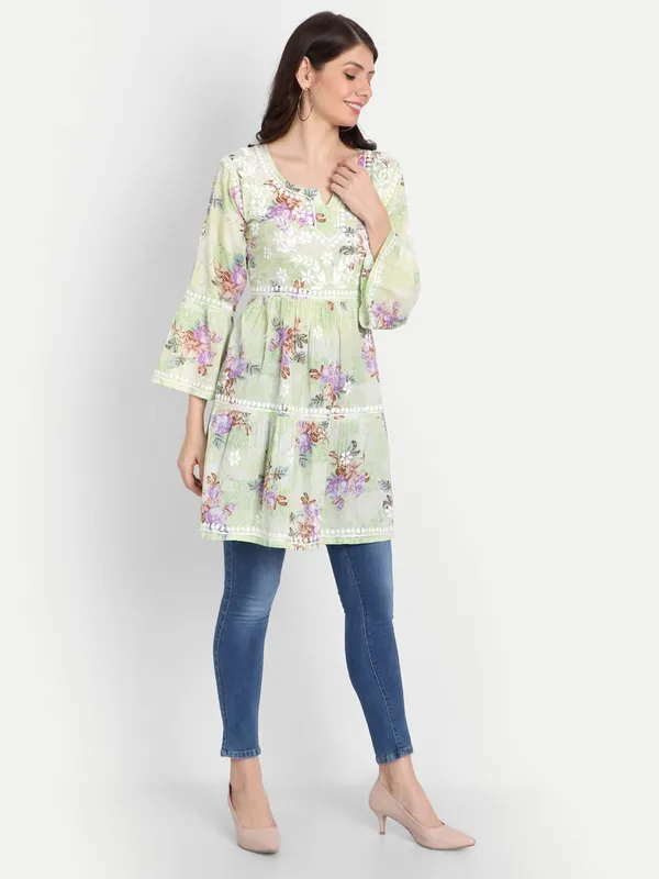 Lime_Green_Lucknow_Chikankari_Hand_Embroidered_Tiered_Kurti_Malmal_Cotton