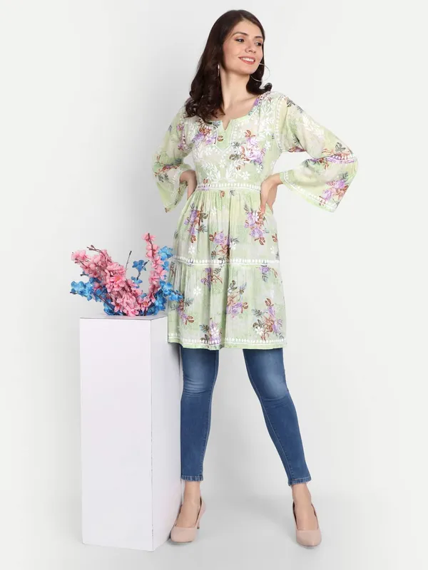 Lime_Green_Lucknow_Chikankari_Hand_Embroidered_Tiered_Kurti_Malmal_Cotton